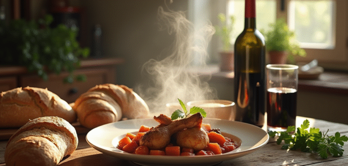 Table rustique avec ragout de lapin bourguignon