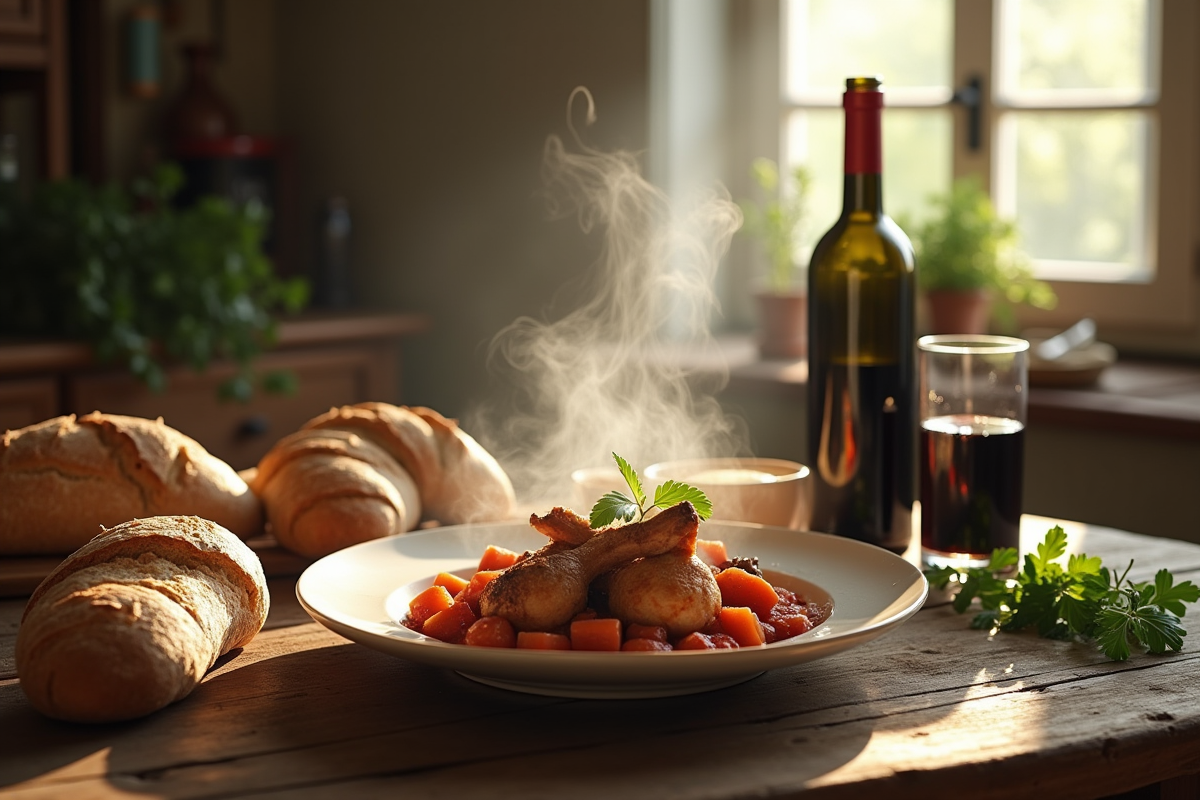 Table rustique avec ragout de lapin bourguignon