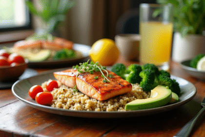 Table colorée avec saumon grillé et légumes frais