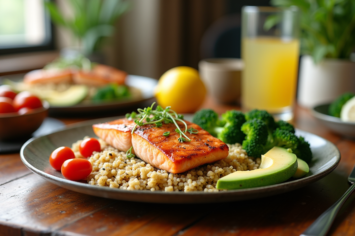 Table colorée avec saumon grillé et légumes frais