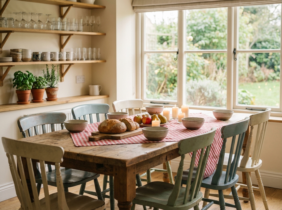 Table en bois recyclé dressée pour six convives dans une salle à manger de style ferme avec chaises dépareillées et étagères ouvertes