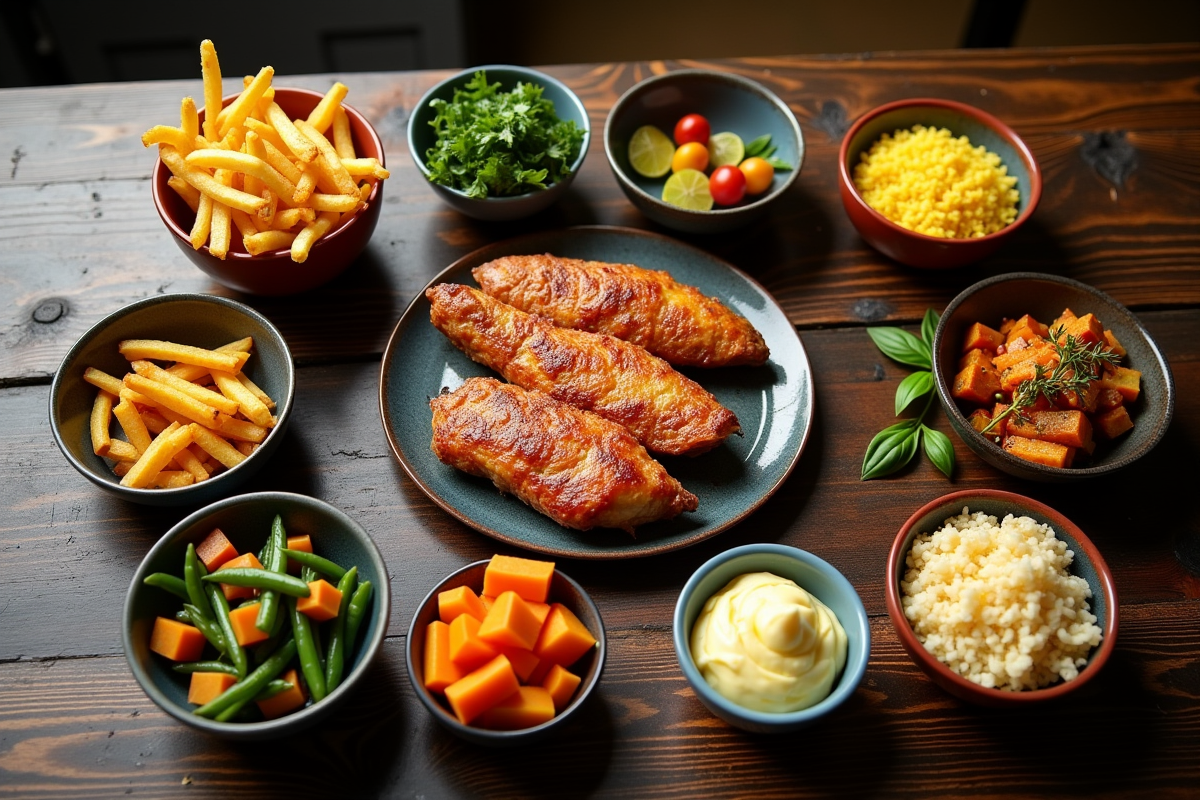Cordon bleu entier avec petits bols de garnitures sur table en bois