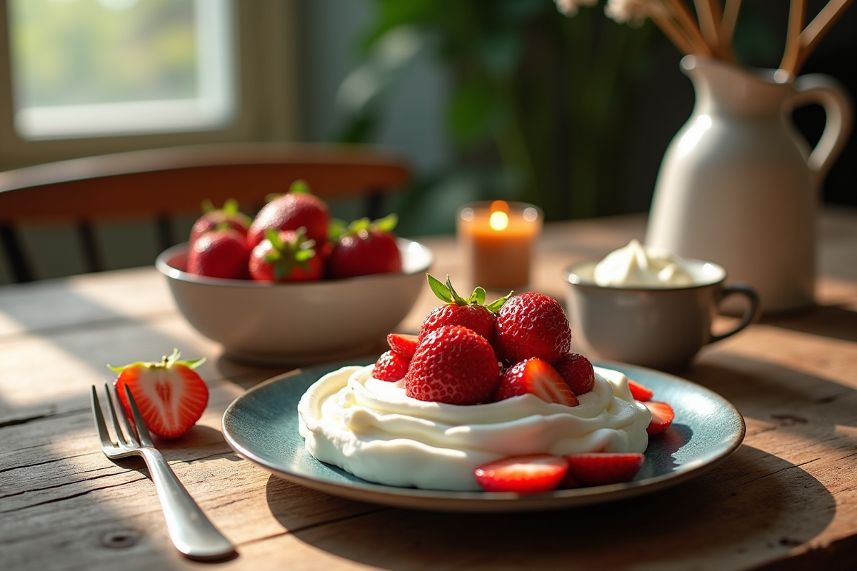 Table rustique avec dessert aux fraises et crème fouettée