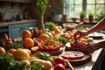 Table rustique avec fruits de saison et mains préparant un plat