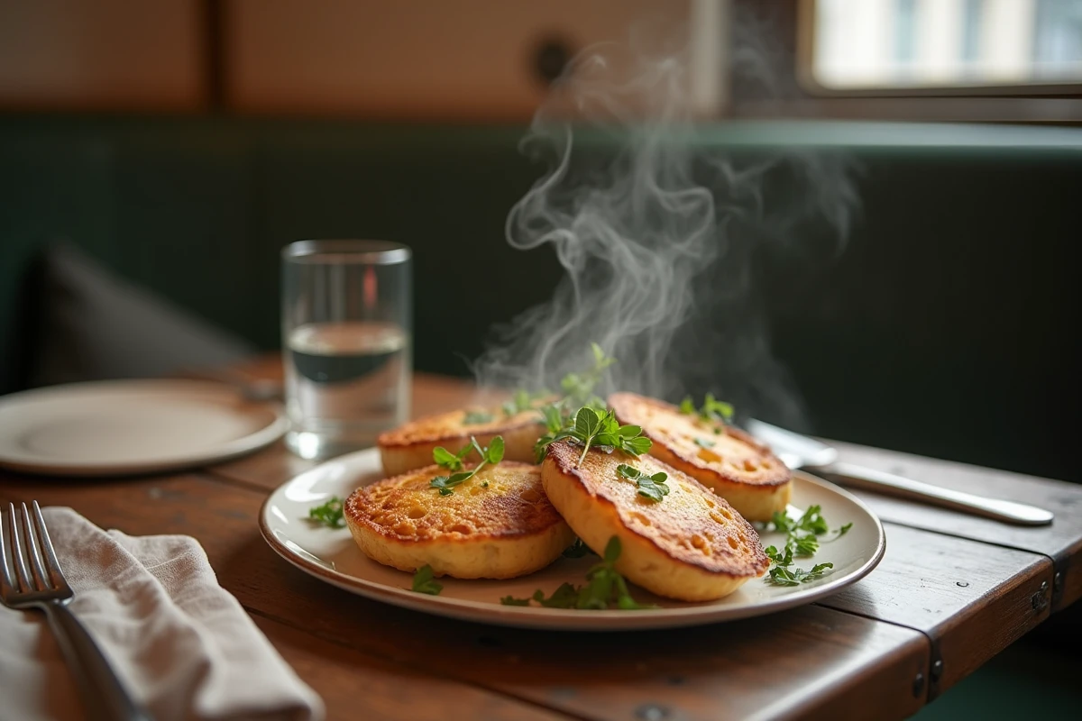 Plat de pommes de terre rapée sur table parisienne chaleureuse