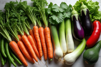 Table de cuisine avec légumes frais en V en vue du dessus