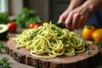 Courgette en spirale sur planche en bois avec légumes frais