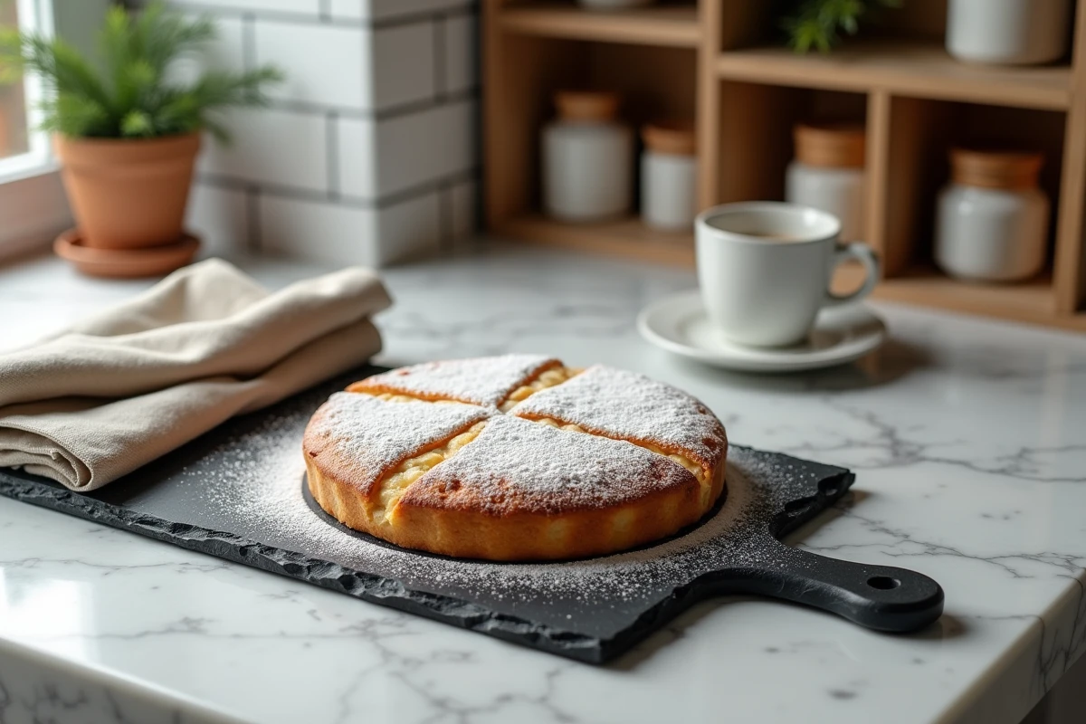 Tarta de Santiago sur ardoise avec croix en sucre glace dans une cuisine moderne de style barcelonais