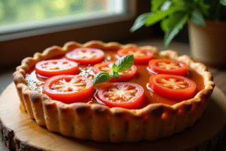Tarte aux tomates fraîches sur table ensoleillée