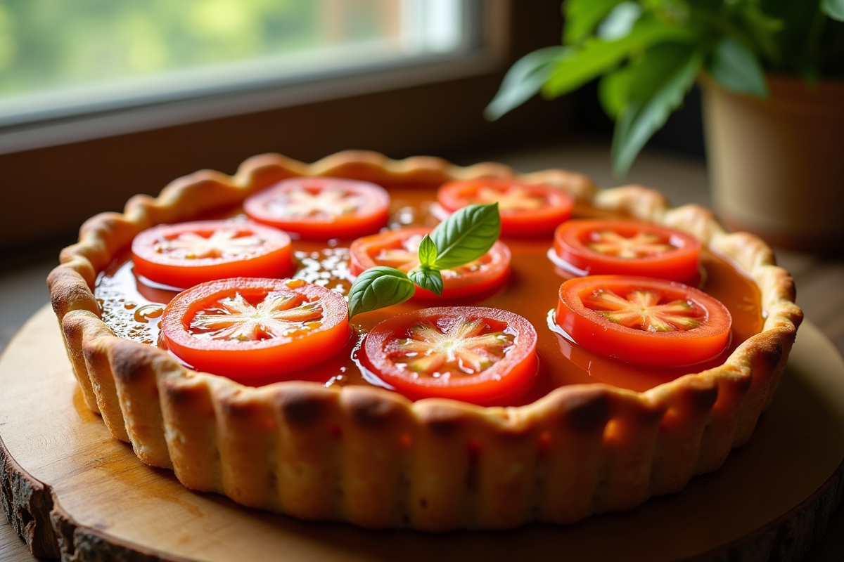 Tarte aux tomates fraîches sur table ensoleillée