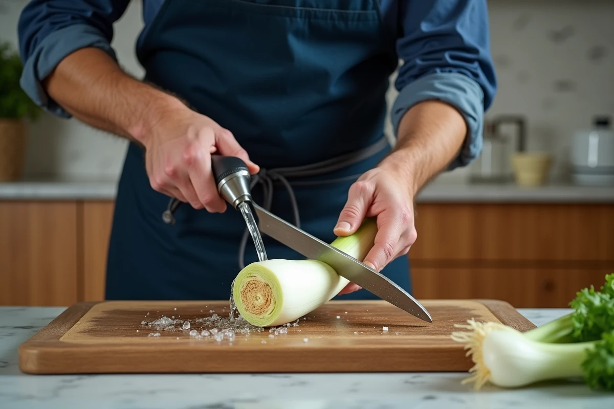 Homme démontrant la technique pour couper et nettoyer un poireau simultanément avec un jet d'eau dans une cuisine moderne