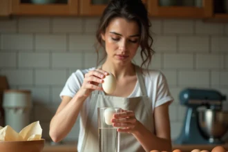 Femme réalisant le test de l'œuf dans un verre d'eau pour vérifier la fraîcheur des œufs avant une session de pâtisserie maison