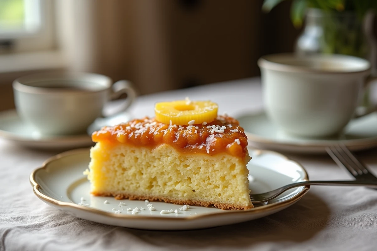 Tranche de gâteau renversé à l'ananas et noix de coco sur une assiette vintage avec un topping caramélisé brillant, accompagnée d'un café noir sur une nappe en lin dans un cadre de salle à manger