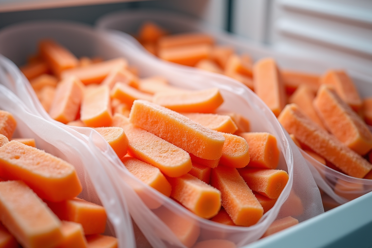 Tranches de carottes congelées dans un sac hermétique dans le congélateur