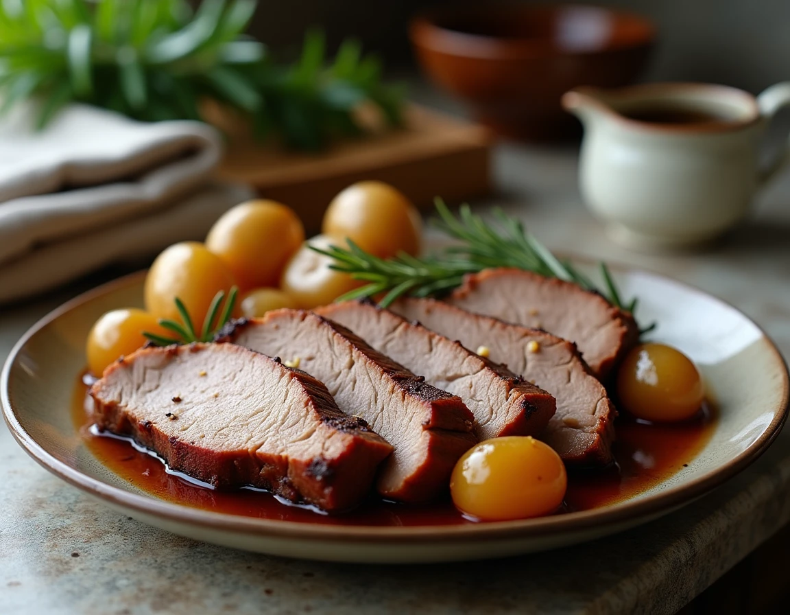Tranches de rôti de porc braisé en cocotte servi avec pommes de terre et oignons grelots sur un plat en céramique