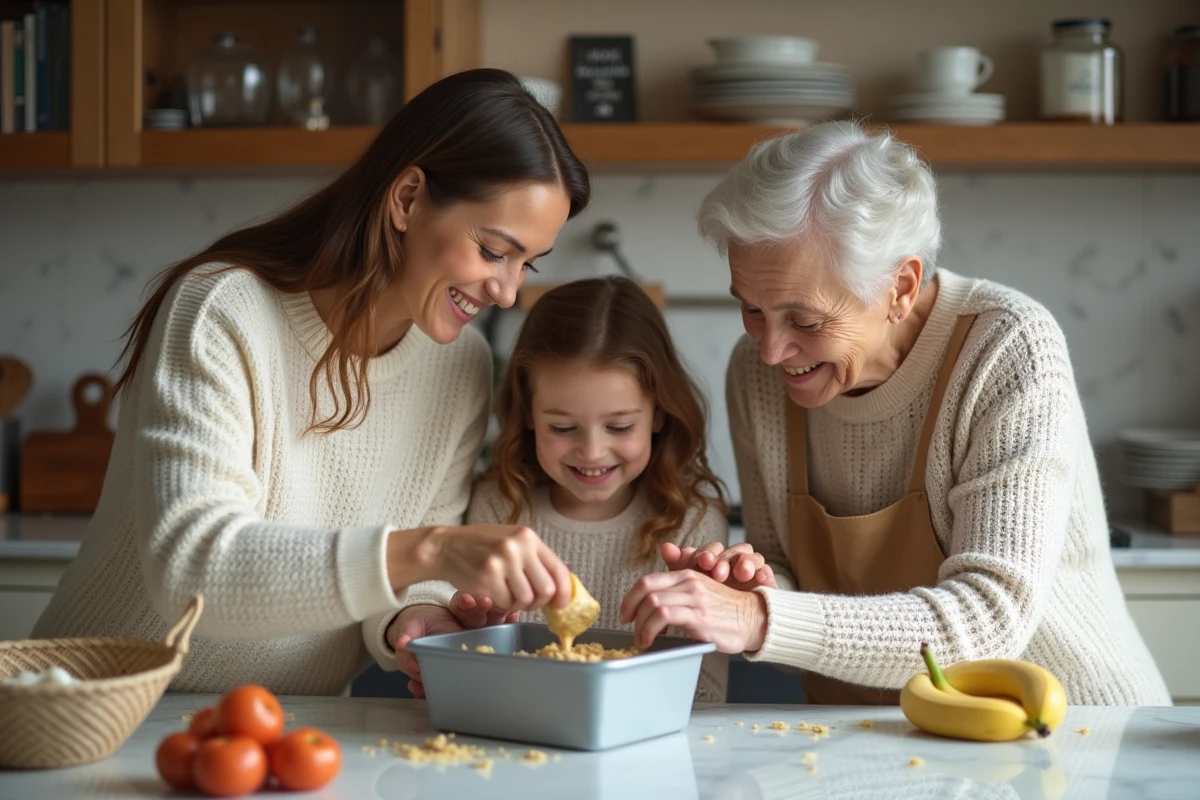 Trois générations préparent un gâteau dans la cuisine familiale
