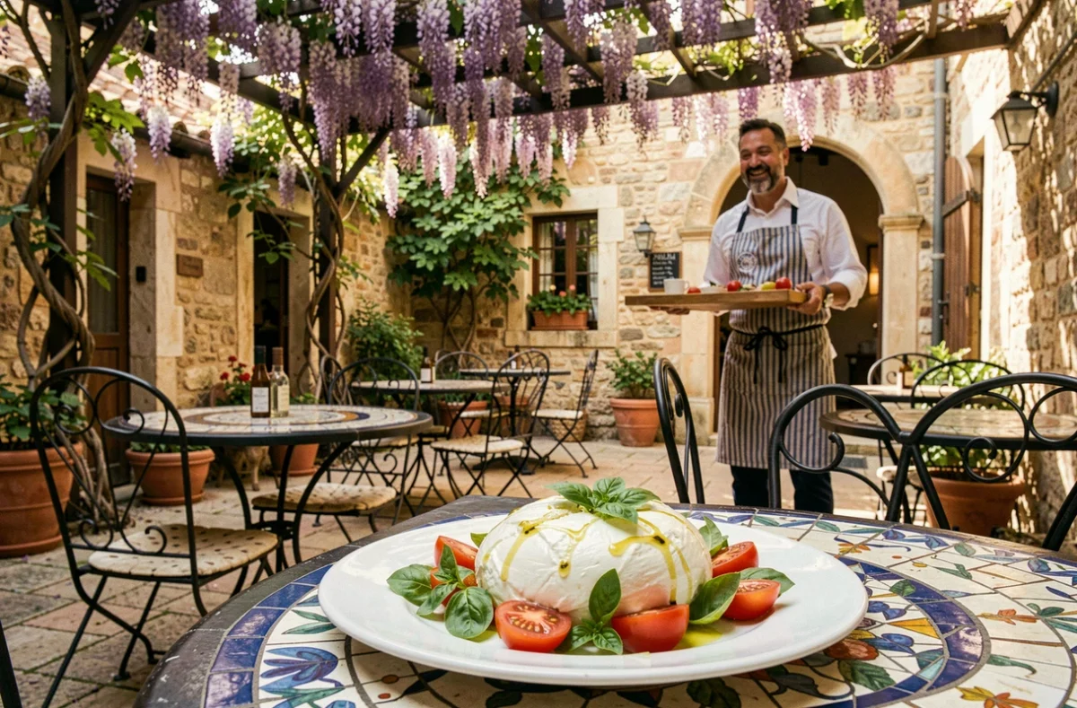 Terrasse ensoleillée d'Un Italiano Vero à Saint-Privat-des-Vieux avec burrata fraîche et décoration italienne