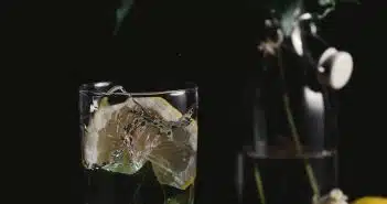 clear drinking glass and sliced lemons on wooden surface