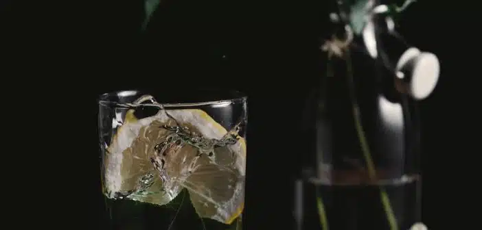 clear drinking glass and sliced lemons on wooden surface