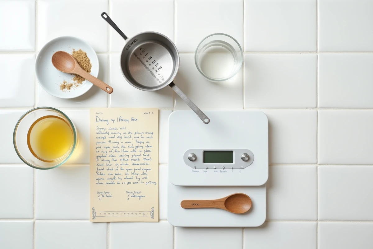 Mise à plat de verre doseur en centilitres, balance numérique et fiche recette avec conversions en grammes sur fond de carrelage blanc