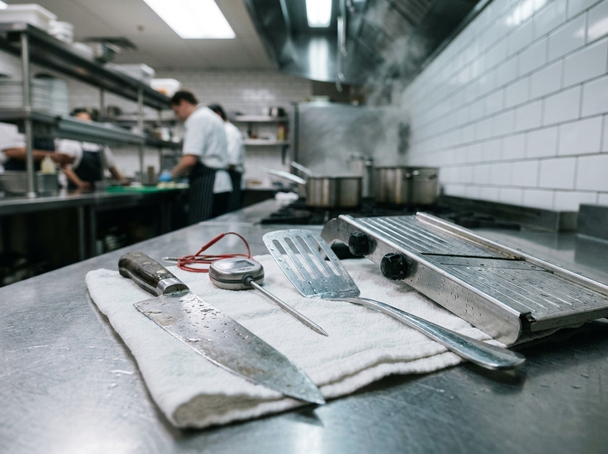 Ustensiles et outils professionnels pour cuisine de restaurant sur un plan de travail en inox