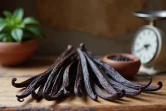 Gousses de vanille de Madagascar et de Tahiti côte à côte sur une table en bois rustique avec balance vintage