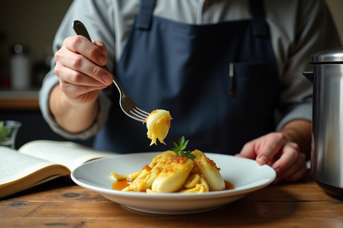 Homme vérifiant la cuisson des endives à la cocotte minute avec une fourchette dans un plat en céramique