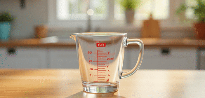 Verre mesureur rempli à 60 ml sur plan de cuisine lumineux