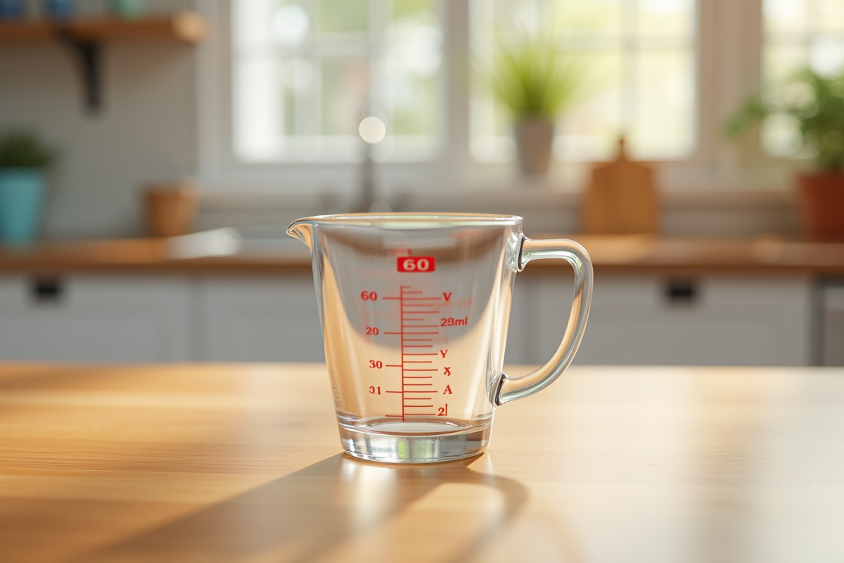 Verre mesureur rempli à 60 ml sur plan de cuisine lumineux