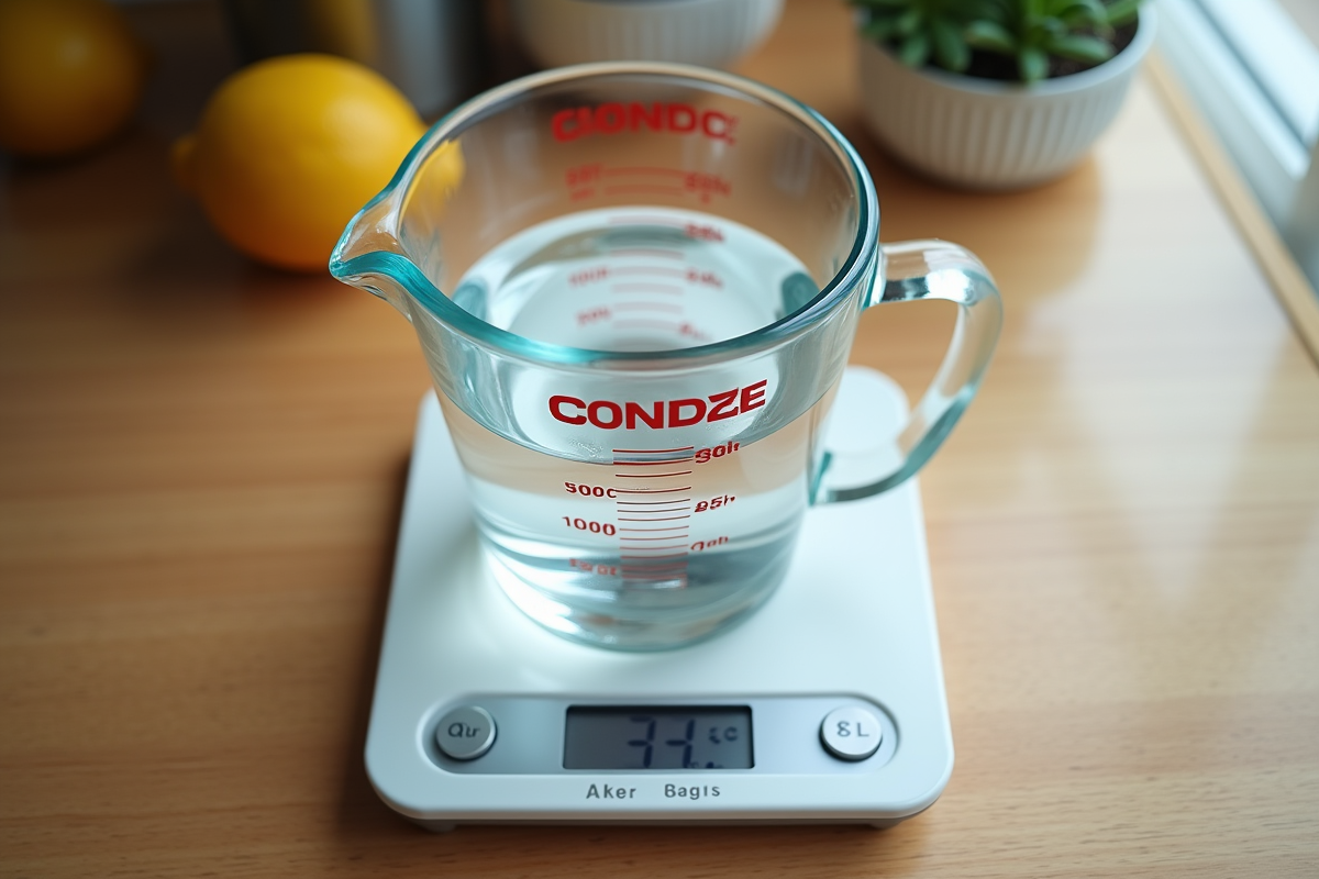Verre mesureur rempli à 40 cl d'eau sur balance