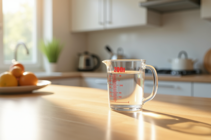 Verre mesureur d'eau de 200 ml sur plan de travail lumineux