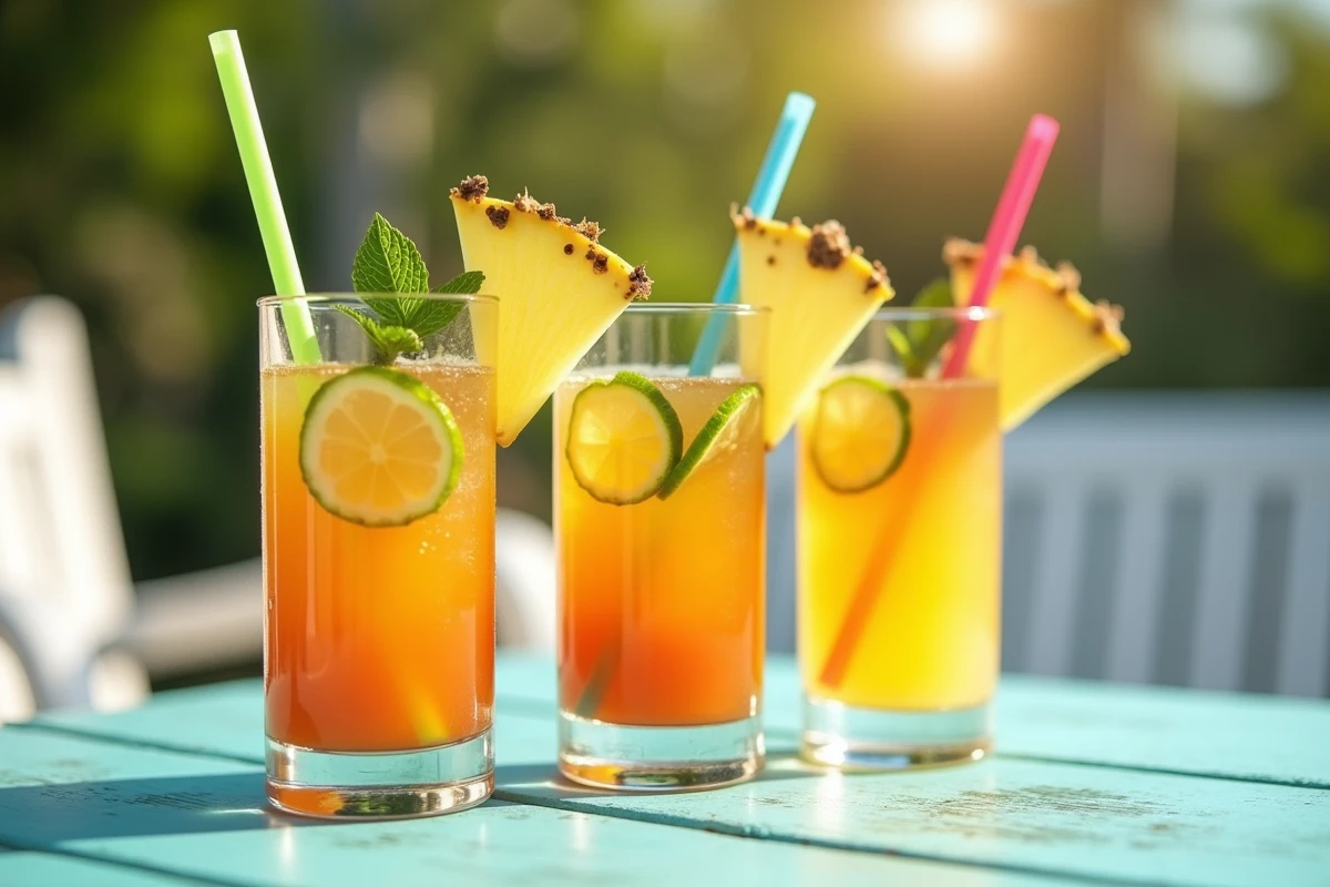 Gros plan sur trois verres de punch tropical avec ananas, citron vert et paille colorée sur une table en bois en extérieur