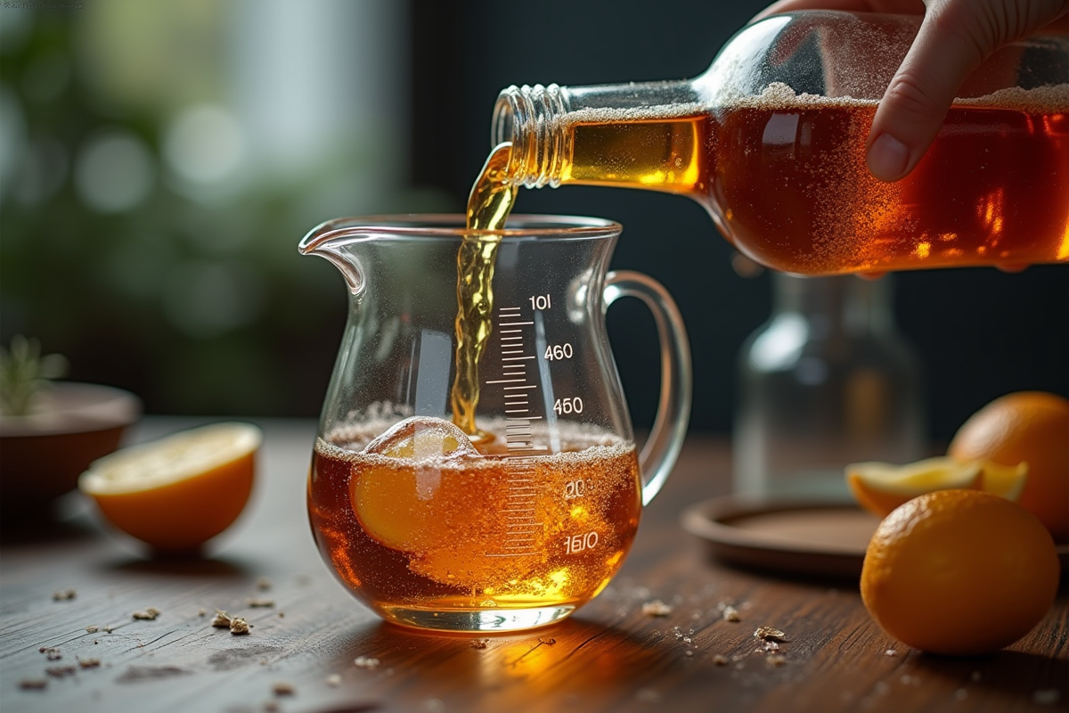 Bouteille versée dans un verre mesureur de 40 cl