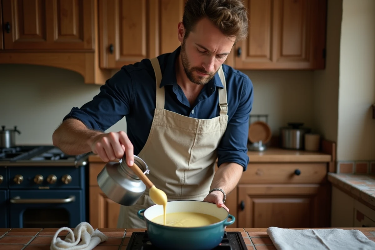 Homme versant du lait chaud dans une casserole contenant de la crème pâtissière en cours de cuisson sur une cuisinière à gaz rustique