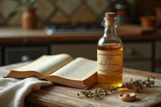 Bouteille de vinaigre d'alcool artisanal posée sur un manuscrit arabe classique, illustration du débat halal et madhab