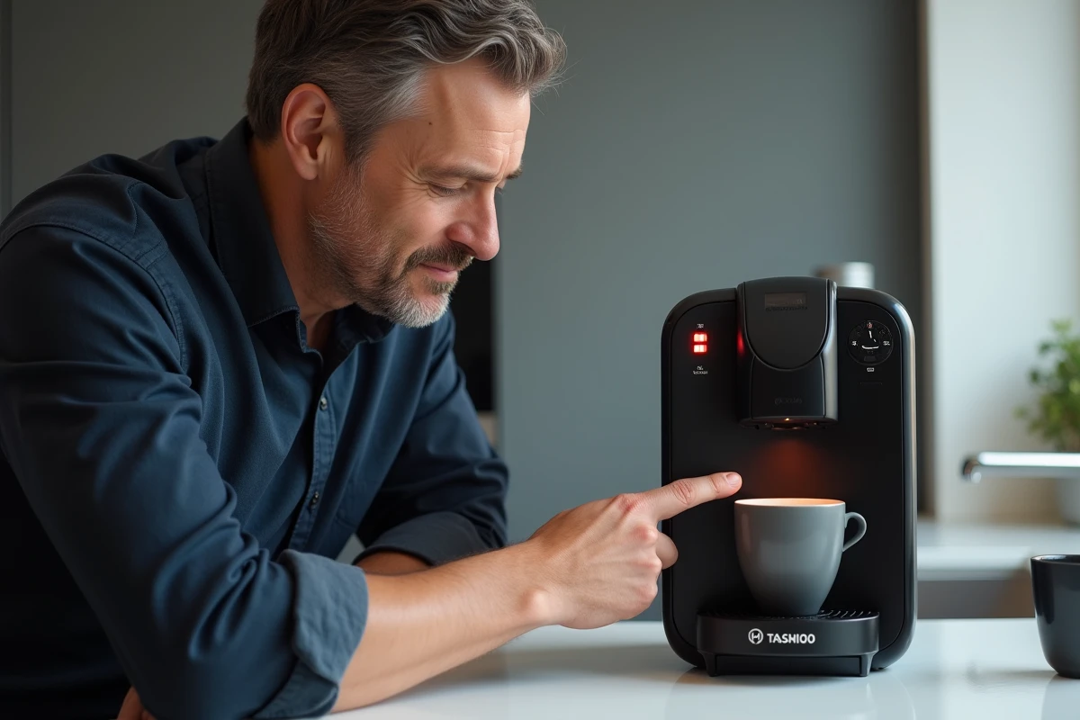 Homme inspectant le voyant rouge allumé sur une machine à café Tassimo Bosch avant le détartrage