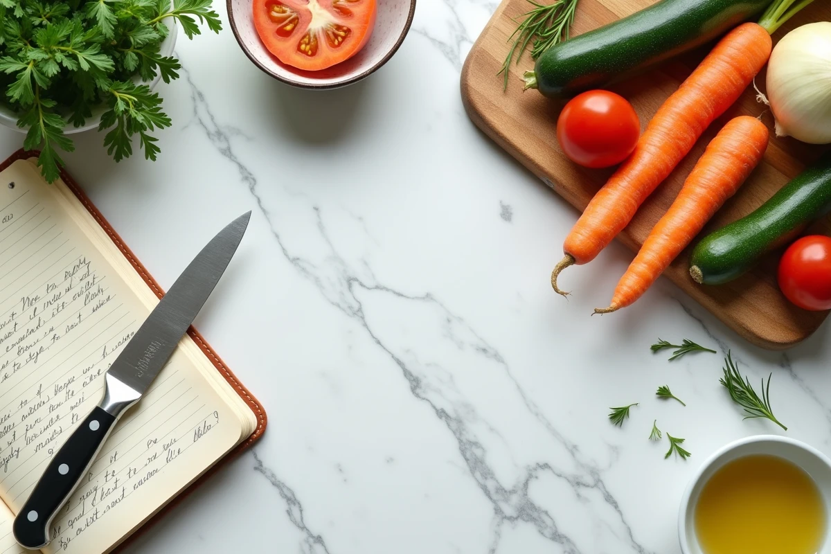 Vue aérienne d'un espace de travail cuisine débutant avec légumes frais, planche à découper et carnet de recettes